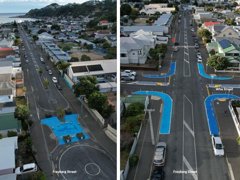 Composite drone photo of the northern end of Freyberg street (left image) and the intersection of Wha and Freyberg streets, showing the changes implemented during the trial.