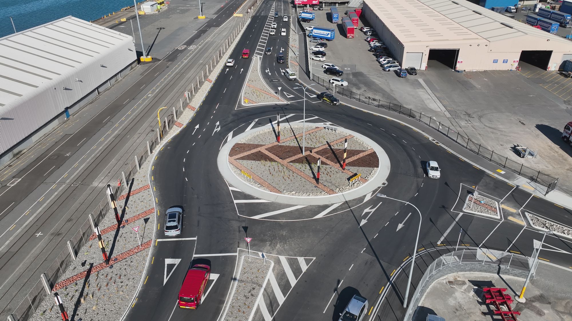 An aerial view of Aotea Quay roundabout facing south