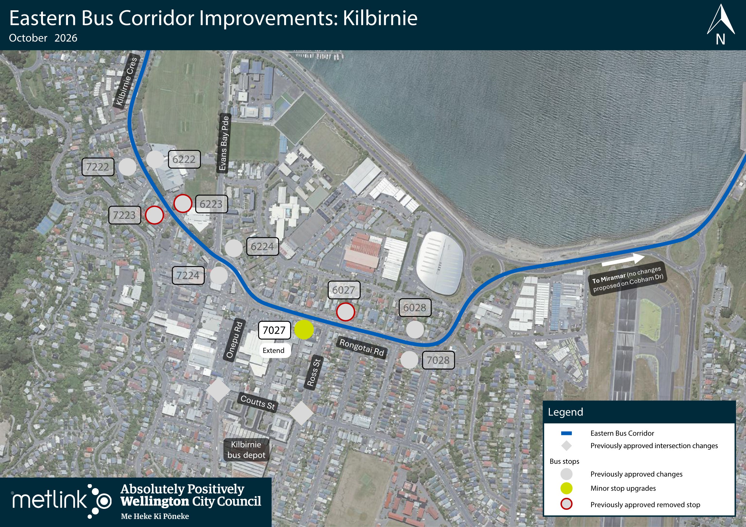 Map of proposed Eastern Bus Corridor changes in Kilbirnie along Rongotai Road. Bus stop 7027 near Ross Street would remain in its current location and be extended to accommodate additional or longer buses. Other nearby bus stop and intersection changes shown on the map have previously been approved.