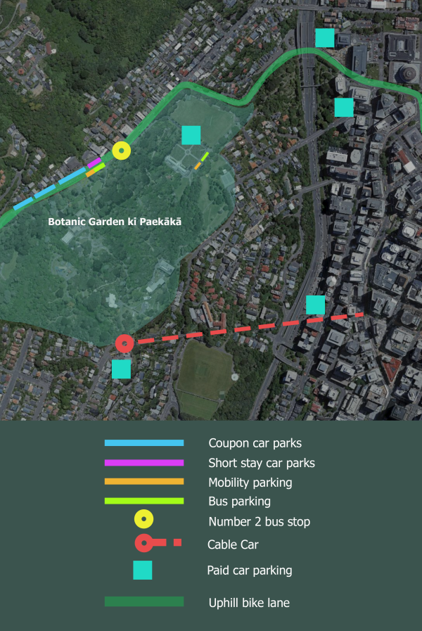 Map showing options for getting to the Botanic Gardens